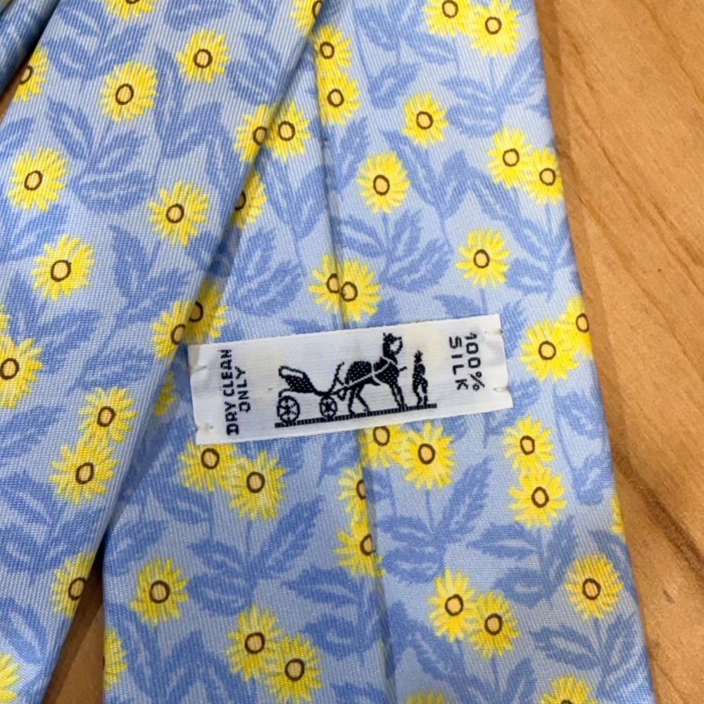 Hermes Silk Tie One Size Blue Excellent Sunflower Floral Pattern Luxury France - Picture 7 of 7